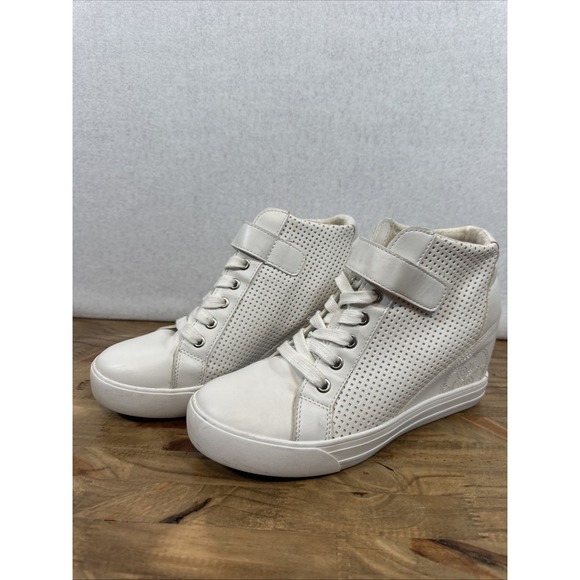 Guess Leather Wedge Sneakers White Size Womens US 8.5 Ankle - Picture 1 of 8